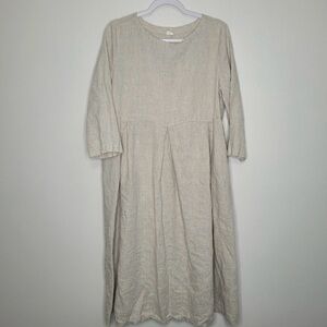Linitco beige 100% linen 3/4 sleeve modest sustainable tradwife dress medium